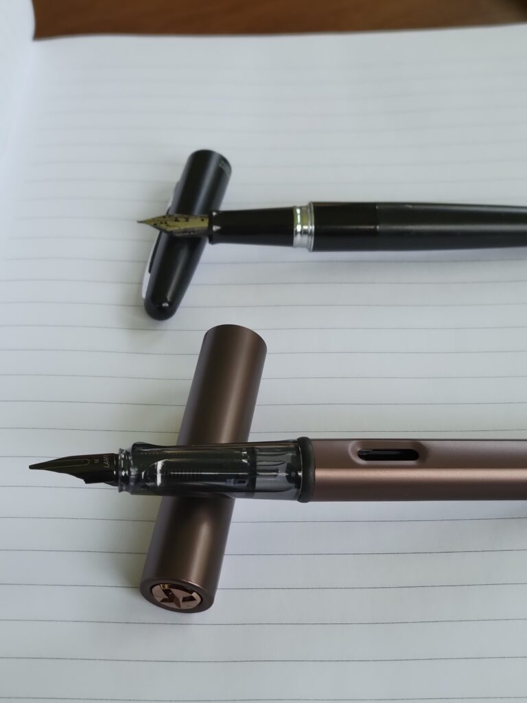 A pair of fountain pens: Pilot Metropolitan (top) and LAMY LX