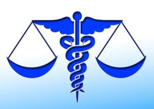 A stylized Caduceus with the scales of justice hanging from the wings. 