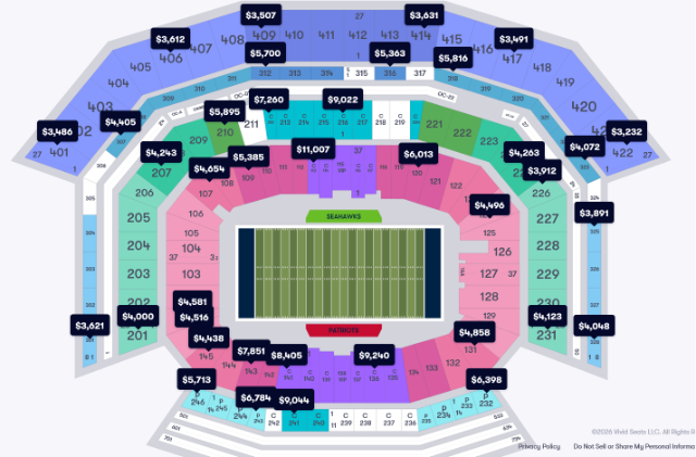 A screenshot of seating areas and prices for Super Bowl 60. | Football Dreams, Government Overreach, and Small Businesses Pushing Back