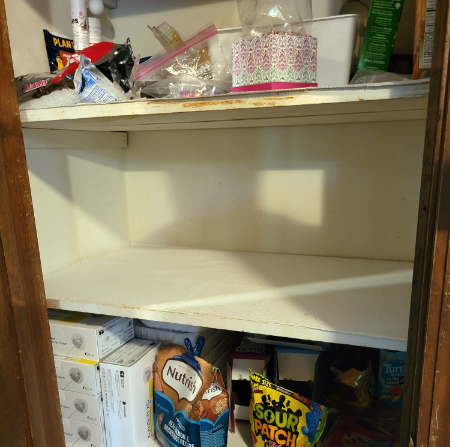 An empty shelf between two other shelves full of various items. | Empty Nest