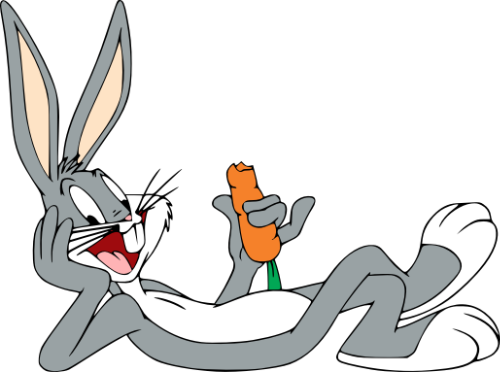 A drawing of Bugs Bunny reclining while eating a carrot